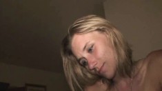 Trashy young blonde Kerri loses her clothes and milks a throbbing pole