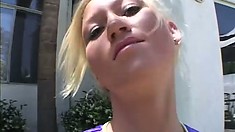 Skinny blonde cheerleader puts her body on display and then wildly fucks a hard cock